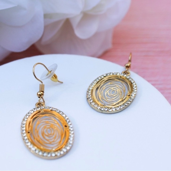 Camellia Flower Round Rhinestone Gold  Drop Earrings - Picture 7 of 13